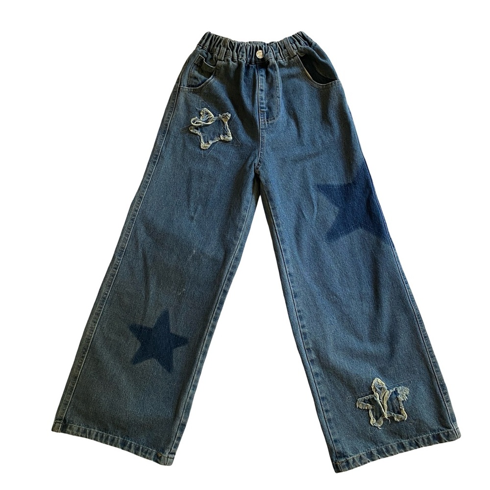 Adigau Girls Wide-Leg Jeans Size 10 Star Patchwork Elastic Waist EUC
